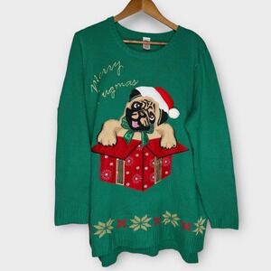 Merry Pugmas Christmas‎ Sweater Pug Dog Lover Gift Present Pompom Plus Size 2X